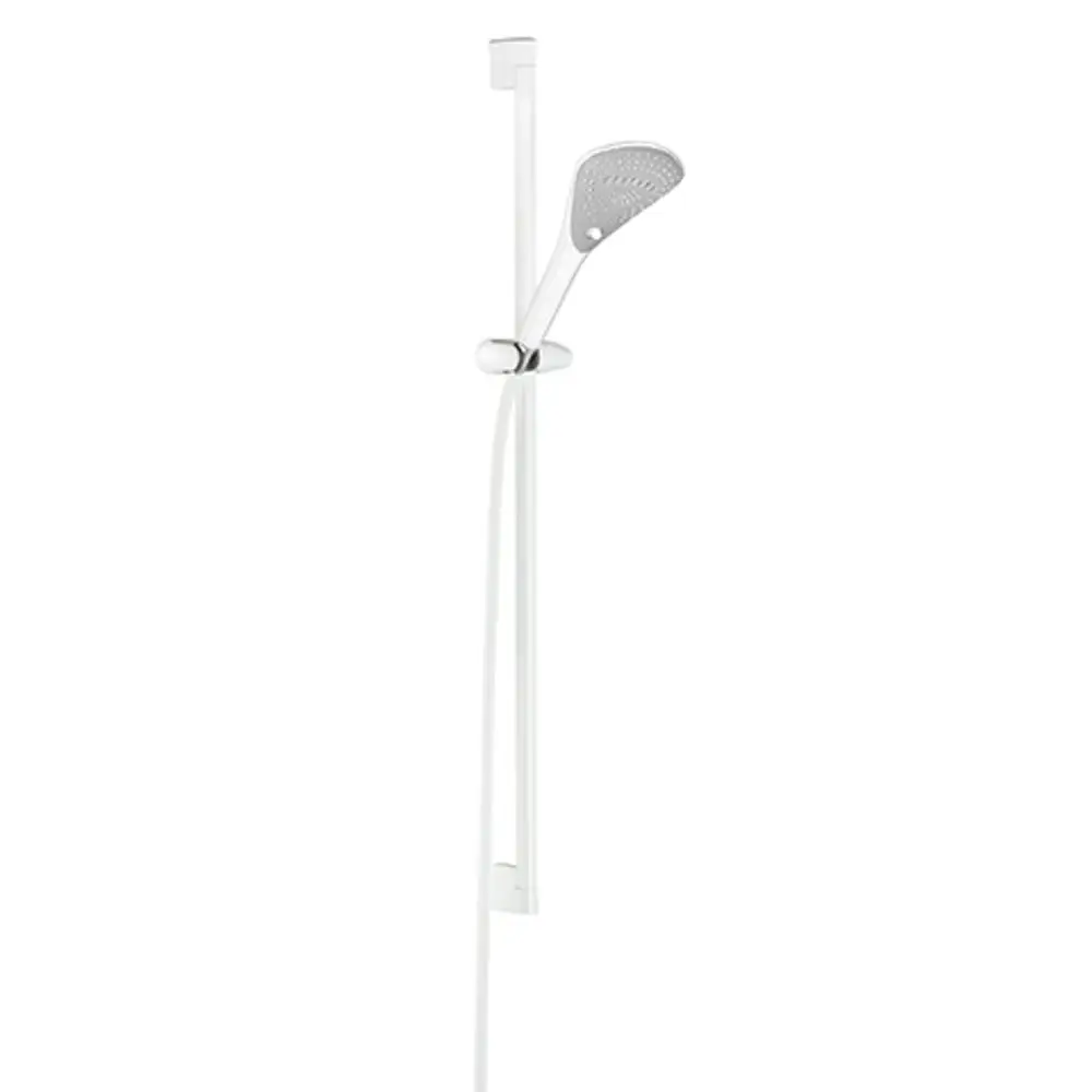 Weißes Brause-Set von Kludi mit Handbrause und Wandstange. Die Dusche hat eine schlanke, moderne Form und wird durch einen flexiblen Schlauch verbunden.